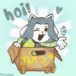  anthro canid canine clothed clothing coin eyebrows felid feline greeting hair hi_res mammal mazingsand one_eye_closed open_mouth raised_eyebrow simple_background solo tem temmie_(undertale) text topwear undertale undertale_(series) video_games white_body 