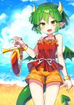  1girl absurdres beach blush bracelet collarbone day draco_centauros dragon_girl dragon_horns dragon_tail dragon_wings eyebrows_visible_through_hair fang green_hair highres horns jewelry looking_at_viewer open_mouth outdoors puyopuyo red_swimsuit s2offbeat short_hair smile solo swimsuit tail wings yellow_eyes 