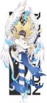  1boy angel_wings angemon black_background blonde_hair bodysuit closed_mouth collarbone digimon digimon_(creature) digimon_adventure facing_viewer feathered_wings feathers floating_hair gloves helmet highres holding holding_weapon long_hair multiple_wings rin_kaki smile torn_clothes weapon white_background white_bodysuit white_wings wings 