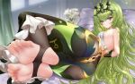  1girl arms_behind_back ass bangs bare_arms bare_shoulders barefoot bed_sheet bound bound_wrists breasts closed_mouth eyebrows_visible_through_hair feet flower foot_focus from_behind full_body green_hair green_legwear hair_between_eyes honkai_(series) honkai_impact_3rd indoors kamue long_hair looking_at_viewer lying mobius_(honkai_impact) multicolored_eyes on_side pantyhose pillow slit_pupils small_breasts soles solo stirrup_legwear tiara toeless_legwear toes very_long_hair 