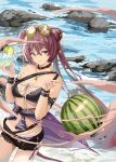  1girl absurdres animal_ears arknights auguste bangs bare_shoulders bikini black_bikini black_choker black_shorts breasts choker commentary_request cowboy_shot cup drinking_glass eyebrows_visible_through_hair eyewear_on_head food fruit hands_up highres holding holding_cup lime_(fruit) lime_slice lin_yuhsia_(arknights) long_hair looking_at_viewer medium_breasts mouse_ears outdoors purple_eyes purple_hair rock short_shorts shorts single_strap solo standing stomach sunglasses swimsuit water watermelon 