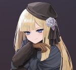  1girl absurdres bangs beret black_headwear blonde_hair blue_dress blue_eyes blue_jacket blue_scarf blush breasts brown_gloves cropped_jacket dress fate_(series) fur_collar gloves grey_rose hat highres jacket long_hair long_sleeves looking_at_viewer lord_el-melloi_ii_case_files reines_el-melloi_archisorte scarf sidelocks small_breasts smile solo tilted_headwear user_vscj3727 