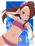  1girl bikini blue_sky blush bow breasts brown_hair cowboy_shot day dutch_angle grin hair_bow hair_tucking hand_up highres holding holding_innertube idolmaster idolmaster_(classic) innertube konboi-eg looking_at_viewer minase_iori navel pink_bikini pink_bow ponytail red_eyes sky small_breasts smile solo swimsuit 