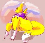  3_toes anthro armwear bandai_namco black_sclera blue_eyes clothing digimon digimon_(species) feet female fingers fur hands_on_knees kiseff markings mostly_nude multicolored_body multicolored_fur renamon sitting solo thick_thighs toes white_body white_fur yellow_body yellow_fur 