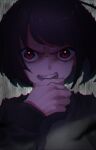  biting black_sweater bob_cut copyright_request finger_biting glaring highres looking_at_viewer portrait purple_hair red_eyes solo sweater taiga_(ryukyu-6102-8) upper_body wide-eyed 
