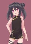  1girl :d amano_kouki bare_arms bare_shoulders black_dress black_hair black_legwear blush brown_background china_dress chinese_clothes commentary_request double_bun dress hand_on_hip highres long_hair looking_at_viewer note-chan original purple_eyes simple_background single_thighhigh sleeveless sleeveless_dress smile solo thigh_strap thighhighs twintails 