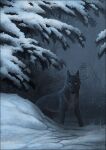  ambiguous_gender black_body black_fur black_nose blue_eyes canid canine canis detailed_background feral fur looking_at_viewer mammal night oneminutesketch outside snow solo standing wolf 