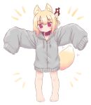  1girl animal_ear_fluff barefoot blonde_hair closed_mouth commentary_request fox_girl fox_tail full_body grey_jacket hair_bun highres hood hood_down hooded_jacket jacket kemomimi-chan_(naga_u) long_sleeves looking_at_viewer naga_u outstretched_arms red_eyes simple_background sleeves_past_fingers sleeves_past_wrists solo spread_arms tail white_background 