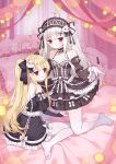  &gt;_&lt; 2girls :q absurdres ahoge bangs bare_shoulders black_bow black_ribbon black_shirt black_sleeves blonde_hair blush bottomless bow breasts chinese_commentary closed_mouth clothes_lift collarbone detached_sleeves dress dress_lift eyebrows_visible_through_hair feet frilled_pillow frilled_sleeves frills gothic_lolita hair_between_eyes hair_bow hair_ornament hair_ribbon hairband hairclip heart_ahoge highres incest kneeling lolita_fashion lolita_hairband long_hair long_sleeves medium_breasts multiple_girls nose_blush original pantyhose parted_lips pillow red_eyes ribbon shirt siblings silver_hair sisters sitting smile sweat thighhighs tokisaki_asaba tokisaki_mio tongue tongue_out tsubasa_tsubasa two_side_up very_long_hair wariza white_bow white_legwear wide_sleeves x_hair_ornament yuri 