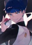  1boy bangs black_shirt blue_eyes blue_hair blunt_bangs commentary_request hand_up holding holding_poke_ball logo male_focus parted_lips poke_ball poke_ball_(basic) pokemon pokemon_(game) pokemon_dppt sa9no saturn_(pokemon) shirt short_hair smile solo team_galactic team_galactic_uniform turtleneck upper_body vest 