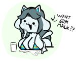  anthro bra breasts canid canine clothed clothing felid feline hair mammal milk open_mouth razzybun simple_background solo tem temmie_(undertale) text undertale undertale_(series) underwear video_games white_body 