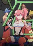  1girl 2boys aina_ardebit arai_hiroki backwards_hat baseball_cap blue_eyes blue_hair collarbone dark-skinned_male dark_skin denim denim_shorts facial_hair galo_thymos gloves hat highres long_hair midriff multiple_boys muscular official_art pale_skin pink_hair ponytail promare promotional_art red_legwear short_hair short_shorts shorts spiked_hair stomach suspenders sweat thighhighs tied_hair topless varys_truss white_gloves 