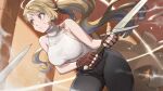 1girl artist_name bangs belt black_pants blonde_hair blush borrowed_character breasts brown_belt brown_gloves buckle commission cowboy_shot denim dual_wielding fighting fighting_stance fingerless_gloves flipped_hair gloves hair_ornament hair_scrunchie highres holding holding_sword holding_weapon jeans jewelry jun_(seojh1029) long_hair looking_to_the_side medium_breasts necklace original outdoors pants parted_lips ponytail red_eyes scrunchie shirt sideboob sidelocks skeb_commission sleeveless solo sparkle swept_bangs sword teeth turtleneck very_long_hair weapon white_shirt 