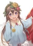  1girl bangs blue_eyes blush brick_floor brown_hair child flower granblue_fantasy hair_flower hair_ornament holding kakage long_hair looking_at_viewer looking_up open_mouth rose rosetta_(granblue_fantasy) smile solo standing stick 