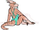  alluringcryptid anthro biped breasts butt claws clothing digital_media_(artwork) female horn kobold looking_at_viewer looking_back markings multicolored_body non-mammal_breasts one-piece_swimsuit rear_view reptile scales scalie simple_background sitting smile solo stretch_(alluringcryptid) striped_body striped_markings striped_tail stripes swimwear tail_markings teal_eyes thick_thighs tongue tongue_out 