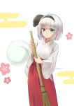  1girl alternate_costume bangs blush breasts broom closed_mouth eyebrows_visible_through_hair flower ghost gradient gradient_hair green_eyes grey_hair grey_hairband hair_between_eyes hairband hands_up highres hitodama konpaku_youmu konpaku_youmu_(ghost) kubure long_skirt long_sleeves looking_at_viewer medium_breasts multicolored_hair pink_flower red_skirt shirt short_hair silver_hair simple_background skirt smile solo standing touhou white_background white_shirt wide_sleeves 