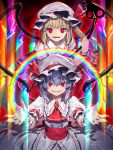  2girls ascot back_bow bangs bat_wings blonde_hair blue_hair blush bow bright_pupils brooch crystal fingernails flandre_scarlet frilled_shirt frilled_shirt_collar frilled_sleeves frills hair_between_eyes hat hat_ribbon highres jewelry laevatein_(touhou) looking_at_viewer mob_cap multiple_girls one_side_up outstretched_arms puffy_short_sleeves puffy_sleeves purple_ascot rainbow_gradient red_bow red_eyes red_ribbon red_skirt red_vest remilia_scarlet revision ribbon ribbon_trim ruby_(gemstone) sash sharp_teeth shirt short_hair short_sleeves siblings sisters skirt slit_pupils teeth touhou upper_body vest white_background white_pupils white_shirt wings wrist_cuffs yellow_ascot zounose 