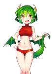  1girl absurdres bikini blush breasts covered_collarbone draco_centauros dragon_girl dragon_horns dragon_tail dragon_wings eyebrows_visible_through_hair fang green_hair highres horns large_breasts looking_at_viewer navel open_mouth pointy_ears puyopuyo red_bikini s2offbeat short_hair smile smug solo swimsuit tail wings yellow_eyes 