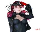  1girl arm_up artist_name bangs black_jacket black_leotard black_ribbon breasts buttons choker cleavage collarbone covered_navel gloves hair_ribbon highres jacket leotard lips long_hair looking_at_viewer mask mask_removed medium_breasts ozkh persona persona_5 persona_5_the_royal red_eyes red_gloves red_hair ribbon shaded_face simple_background smile solo upper_body yoshizawa_kasumi 
