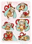  1girl 2022 :3 :d animal_costume animal_ears animal_hands animal_print aqua_hair blush_stickers chibi chinese_zodiac commentary curled_up fangs from_behind hatsune_miku long_hair lying multiple_views on_back open_mouth orange_fur paw_print pink_background red_ribbon ribbon sanpati sleeping smile solid_oval_eyes striped_fur tail tiger_costume tiger_ears tiger_paws tiger_print tiger_tail translated twintails very_long_hair vocaloid year_of_the_tiger 