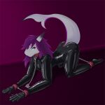  anthro bdsm bound breasts butt chain chained clothed clothing digital_media_(artwork) dutchsyndicalist fish hair hi_res latex looking_at_viewer marine non-mammal_breasts nonbinary_(lore) purple_eyes purple_hair raised_tail rubber rubber_clothing rubber_suit shark simple_background smile solo tight_clothing trans_(lore) 