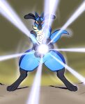  2022 anthro aura aura_sphere blue_body blue_fur chest_tuft cupping front_view fur hi_res looking_at_viewer lucario male nintendo pok&eacute;mon pok&eacute;mon_(species) raised_tail reagan700 solo spikes spread_legs spreading tuft video_games 