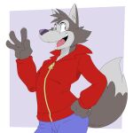  2021 anthro bottomwear canid canine canis chip_the_wolf clothed clothing cookie_crisp fangs fur gesture grey_body grey_fur hi_res jacket looking_at_viewer male mammal open_mouth pants raised_arm raised_tail reagan700 smile solo tongue topwear waving waving_at_viewer wolf 