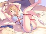  1girl arms_up ass bed bed_sheet blonde_hair bloomers bow breasts chemise clothes clothes_removed denim embarrassed eyebrows_visible_through_hair foot_out_of_frame frills herio hitachi_magic_wand jeans knees_up legs_up looking_at_viewer lying medium_breasts on_back on_bed open_mouth original pants pillow polka_dot restrained ribbon sex_toy short_hair sweat sweatdrop sweater thighs underwear vibrator yellow_eyes 