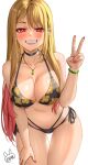  1girl bare_shoulders bead_bracelet beads bikini black_choker blonde_hair blush bracelet breasts choker cleavage collarbone colored_tips commentary ear_piercing earrings enmanuelart20 eyebrows_visible_through_hair eyes_visible_through_hair gradient_hair grin hand_on_own_thigh highres jewelry kitagawa_marin large_breasts leaning_forward long_hair looking_at_viewer multicolored_hair nail_polish necklace piercing pink_hair red_eyes red_nails side-tie_bikini simple_background smile solo sono_bisque_doll_wa_koi_wo_suru swimsuit thigh_gap v white_background 