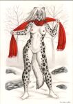  anthro breasts colored_pencil_(artwork) felid female hi_res holding_object looking_at_viewer mammal nipples nude pantherine plant pose scarf snow snow_leopard solo standing syntech traditional_media_(artwork) tree 
