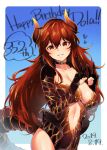  bangs breasts choker dated dola_(nijisanji) dragon_girl dragon_horns dragon_tail eyebrows_visible_through_hair fur_trim hair_between_eyes hands_up happy happy_birthday herio highres horns large_breasts long_hair looking_at_viewer navel nijisanji open_mouth orange_eyes orange_hair plunging_neckline red_hair revealing_clothes smile solo tail v 