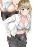  1girl ass bangs black_legwear black_skirt blonde_hair blue_eyes blue_panties blunt_bangs blush breasts cleavage collarbone collared_shirt commentary_request eyebrows_visible_through_hair frown highres long_hair long_sleeves looking_at_viewer medium_breasts mole mole_on_breast navel original panties panties_under_pantyhose pantyhose shirt simple_background skirt standing sunsun2812 underwear undressing v-shaped_eyebrows white_background white_shirt 
