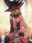  2girls absurdres bandaged_arm bandages bottomless breasts candle church cowgirl_position futa_with_female futanari glowing glowing_eyes hat highres imminent_penetration magilou_(tales) multiple_girls paintrfiend penis saliva small_breasts stained_glass straddling tales_of_(series) tales_of_berseria tongue tongue_out velvet_crowe 