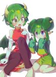  2girls absurdres barefoot black_pants blue_eyes breasts china_dress chinese_clothes double_bun draco_centauros dragon_girl dragon_horns dragon_tail dragon_wings dress elbow_gloves eyebrows_visible_through_hair fang gloves green_hair highres horns large_breasts lidelle_(puyopuyo) long_sleeves looking_at_another multiple_girls pants pointy_ears puyopuyo red_dress s2offbeat short_hair sitting sleeveless sleeveless_dress sleeves_past_wrists tail white_gloves wings yellow_eyes 