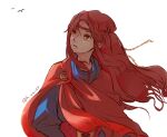  1girl bird brown_eyes cape circlet dress gensou_suikoden gensou_suikoden_i long_hair looking_to_the_side odessa_silverberg ranco red_hair simple_background solo white_background 
