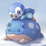  blue_eyes blush commentary_request fangs fangs_out highres lying no_humans on_stomach open_mouth piplup pokemon pokemon_(creature) signature snow snowing spheal toutenko 