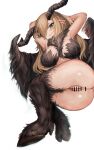  1girl animal_feet anus arms_behind_head arms_up ass baphomet_(black_souls) bar_censor black_fur black_horns black_souls black_wings blonde_hair blush body_fur bottomless breasts censored earrings ears_down eyelashes fur goat_horns goat_legs hair_over_one_eye highres hoop_earrings hooves horizontal_pupils horns jewelry light_blue_eyes long_hair looking_at_viewer medium_breasts midriff parted_lips pentagram pointy_ears pussy ropeperson simple_background solo thighs twisted_torso white_background wings 