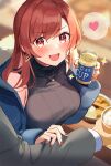  +_+ 1boy 1girl alcohol bangs blue_jacket blurry blurry_background blush breasts brown_hair chopsticks earrings eyebrows_visible_through_hair fang food fur_trim hand_on_another&#039;s_arm heart holding jacket jewelry large_breasts long_hair looking_at_viewer monoto necklace off_shoulder one_cup open_mouth original pov red_eyes ribbed_sweater skin_fang sleeveless sleeveless_sweater sleeveless_turtleneck smile solo_focus sparkle spoken_heart sweatdrop sweater turtleneck v-shaped_eyebrows 