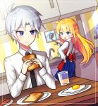  1boy 1girl absurdres black_necktie blonde_hair blue_eyes blue_skirt collared_shirt eyebrows_visible_through_hair food grey_hair highres holding holding_food holding_ladle ladle long_hair long_skirt long_sleeves looking_at_another necktie pleated_skirt puyopuyo s2offbeat schezo_wegey shirt short_hair skirt toast white_shirt witch_(puyopuyo) 