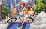  1girl :o animal_ears baguette bangs bicycle bicycle_basket braid bread brown_eyes brown_hair cawfield city collar commentary day determined dog_ears dog_girl dog_tail dress dust_cloud food full_body ground_vehicle hair_between_eyes highres hololive inugami_korone jacket looking_at_viewer medium_hair open_mouth outdoors red_collar red_legwear riding_bicycle scene_reference solo sunlight tail twin_braids twitter_username v-shaped_eyebrows virtual_youtuber white_dress white_footwear yellow_jacket 