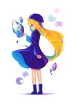  1girl absurdres bangs blonde_hair blue_eyes blue_footwear blunt_bangs boots eyebrows_visible_through_hair from_side full_body highres long_hair long_sleeves looking_away puyopuyo reflection s2offbeat schezo_wegey very_long_hair witch_(puyopuyo) 
