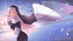  1girl angel_wings bangs beckoning cloud cloudy_sky crying crying_with_eyes_open dated eyebrows_visible_through_hair feathered_wings feathers gloves habit happy_tears herio highres light_brown_eyes light_brown_hair long_hair looking_at_viewer night night_sky nijisanji nun open_mouth outstretched_arm outstretched_hand reaching reaching_out rubbing_eyes sister_cleaire sky smile solo star_(sky) starry_sky sunset tears virtual_youtuber white_gloves white_wings wings wiping_tears 