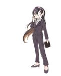  1girl absurdres adjusting_eyewear african_penguin_(kemono_friends) alternate_costume black_footwear black_hair collared_shirt commentary_request eyebrows_visible_through_hair formal glasses high_heels highres kemono_friends long_hair long_sleeves mcgunngu multicolored_hair orange_eyes pants pink_hair pinstripe_pants pinstripe_pattern pinstripe_shirt pinstripe_suit semi-rimless_eyewear shirt sidelocks solo striped suit white_hair white_shirt 