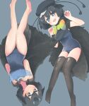  2girls absurdres bare_arms bare_legs bare_shoulders barefoot bird_girl bird_tail bird_wings black_cape black_hair black_headwear black_legwear blue_eyes blue_hair blue_swimsuit blush bow bowtie cabbie_hat cape claw_pose commentary_request fang hasu_(zatsugami) hat head_wings highres kemono_friends multicolored_hair multiple_girls no_shoes one-piece_swimsuit open_mouth school_swimsuit short_hair sleeveless streaked_hair superb_bird-of-paradise_(kemono_friends) swimsuit tail thighhighs western_parotia_(kemono_friends) wings yellow_bow yellow_bowtie zettai_ryouiki 