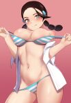  1girl absurdres black_hair bra breasts brown_eyes candice_(pokemon) clothes_pull hair_ornament hairclip haneramu highres long_hair multi-tied_hair open_clothes panties pink_background pokemon pulled_by_self solo striped striped_bra striped_panties twintails underwear 