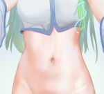  1girl breasts detached_sleeves green_hair groin hair_ornament highres kochiya_sanae long_hair long_sleeves medium_breasts midriff navel navel_focus nontraditional_miko out-of-frame_censoring shirt simple_background sleeveless sleeveless_shirt snake snake_hair_ornament stomach touhou white_background white_shirt zeip/ 