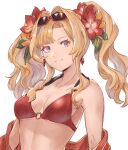  1girl bikini bikini_top_only blonde_hair blue_eyes breasts cleavage closed_mouth collarbone earrings eyelashes eyewear_on_head flower granblue_fantasy hair_flower hair_intakes hair_ornament halterneck hibiscus jewelry long_hair looking_at_viewer medium_breasts o-ring o-ring_bikini red-framed_eyewear red_flower semi-rimless_eyewear shimatani_azu sideboob simple_background smile solo sunglasses swimsuit twintails under-rim_eyewear underboob upper_body white_background zeta_(granblue_fantasy) 