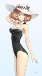  1girl arm_up artist_name bare_legs bare_shoulders black_ribbon black_swimsuit brown_eyes brown_hair collarbone hat lips okumura_haru one-piece_swimsuit ozkh persona persona_5 ribbon shaded_face simple_background solo standing sun_hat swimsuit thighs 