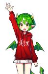  1girl absurdres alternate_costume arm_up blush commentary_request draco_centauros dragon_girl dragon_horns dragon_tail dragon_wings eyebrows_visible_through_hair fang green_hair hand_up highres hood hoodie horns korean_commentary long_sleeves looking_at_viewer open_mouth pointy_ears puyopuyo red_hoodie s2offbeat short_hair skirt solo tail translated white_skirt wings yellow_eyes 