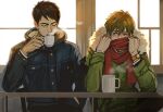  2boys bangs black_hair blue_jacket blush brown_hair closed_eyes couple cup free! fur_jacket green_eyes green_jacket high_speed! holding holding_cup hood hood_down hooded_jacket jacket looking_at_another male_focus mistermagnolia multiple_boys red_scarf scarf short_hair sitting tachibana_makoto watch wristwatch yamazaki_sousuke yaoi 